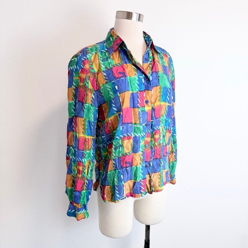 Petite Sophisticate Blue Green Silk Button Down Up Blouse Shirt Small